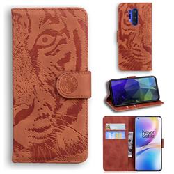 Intricate Embossing Tiger Face Leather Wallet Case for OnePlus 8 Pro - Brown