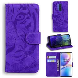 Intricate Embossing Tiger Face Leather Wallet Case for OnePlus 8 Pro - Purple