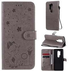 Embossing Bee and Cat Leather Wallet Case for OnePlus 8 Pro - Gray