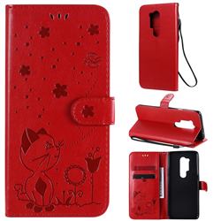 Embossing Bee and Cat Leather Wallet Case for OnePlus 8 Pro - Red
