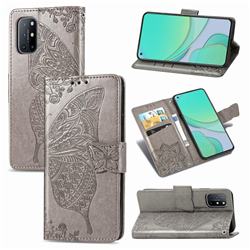 Embossing Mandala Flower Butterfly Leather Wallet Case for OnePlus 8T - Gray