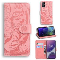 Intricate Embossing Tiger Face Leather Wallet Case for OnePlus 8T - Pink