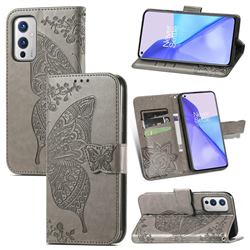 Embossing Mandala Flower Butterfly Leather Wallet Case for OnePlus 9 - Gray