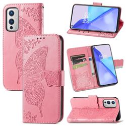 Embossing Mandala Flower Butterfly Leather Wallet Case for OnePlus 9 - Pink