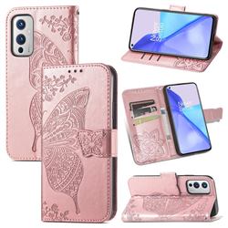 Embossing Mandala Flower Butterfly Leather Wallet Case for OnePlus 9 - Rose Gold