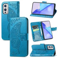 Embossing Mandala Flower Butterfly Leather Wallet Case for OnePlus 9 - Blue