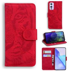 Intricate Embossing Tiger Face Leather Wallet Case for OnePlus 9 - Red