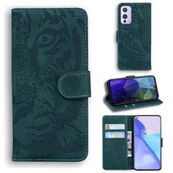 Intricate Embossing Tiger Face Leather Wallet Case for OnePlus 9 - Green