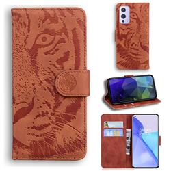 Intricate Embossing Tiger Face Leather Wallet Case for OnePlus 9 - Brown