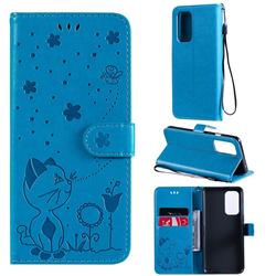 Embossing Bee and Cat Leather Wallet Case for OnePlus 9 - Blue