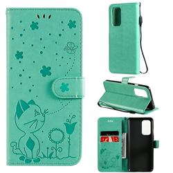 Embossing Bee and Cat Leather Wallet Case for OnePlus 9 - Green
