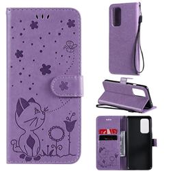 Embossing Bee and Cat Leather Wallet Case for OnePlus 9 - Purple