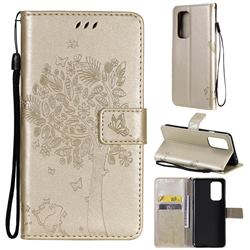 Embossing Butterfly Tree Leather Wallet Case for OnePlus 9 - Champagne