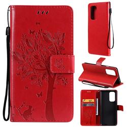 Embossing Butterfly Tree Leather Wallet Case for OnePlus 9 - Red