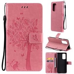 Embossing Butterfly Tree Leather Wallet Case for OnePlus 9 - Pink