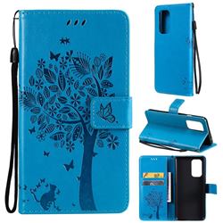 Embossing Butterfly Tree Leather Wallet Case for OnePlus 9 - Blue