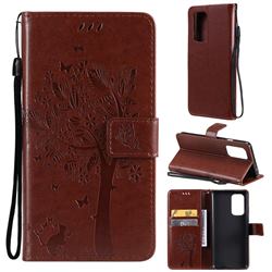 Embossing Butterfly Tree Leather Wallet Case for OnePlus 9 - Coffee