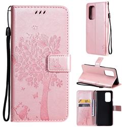 Embossing Butterfly Tree Leather Wallet Case for OnePlus 9 - Rose Pink