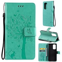 Embossing Butterfly Tree Leather Wallet Case for OnePlus 9 - Cyan