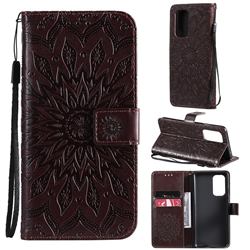 Embossing Sunflower Leather Wallet Case for OnePlus 9 - Brown