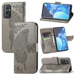 Embossing Mandala Flower Butterfly Leather Wallet Case for OnePlus 9 Pro - Gray