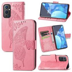 Embossing Mandala Flower Butterfly Leather Wallet Case for OnePlus 9 Pro - Pink