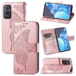 Embossing Mandala Flower Butterfly Leather Wallet Case for OnePlus 9 Pro - Rose Gold