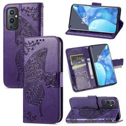 Embossing Mandala Flower Butterfly Leather Wallet Case for OnePlus 9 Pro - Dark Purple