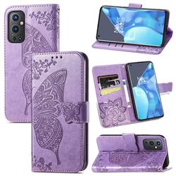 Embossing Mandala Flower Butterfly Leather Wallet Case for OnePlus 9 Pro - Light Purple