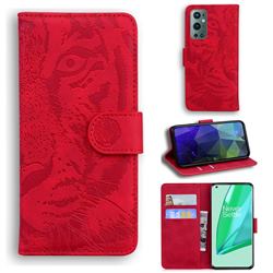 Intricate Embossing Tiger Face Leather Wallet Case for OnePlus 9 Pro - Red