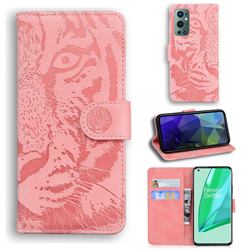 Intricate Embossing Tiger Face Leather Wallet Case for OnePlus 9 Pro - Pink