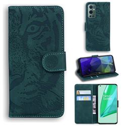 Intricate Embossing Tiger Face Leather Wallet Case for OnePlus 9 Pro - Green