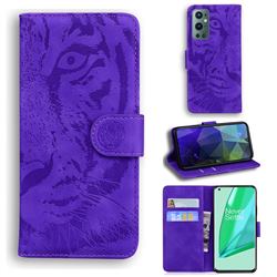 Intricate Embossing Tiger Face Leather Wallet Case for OnePlus 9 Pro - Purple