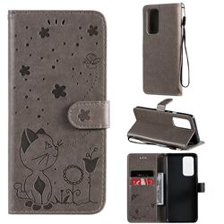 Embossing Bee and Cat Leather Wallet Case for OnePlus 9 Pro - Gray
