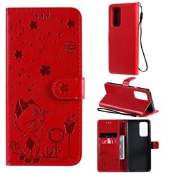 Embossing Bee and Cat Leather Wallet Case for OnePlus 9 Pro - Red