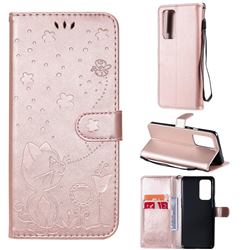 Embossing Bee and Cat Leather Wallet Case for OnePlus 9 Pro - Rose Gold