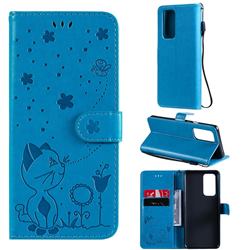 Embossing Bee and Cat Leather Wallet Case for OnePlus 9 Pro - Blue