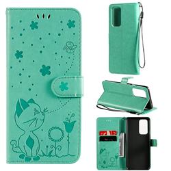 Embossing Bee and Cat Leather Wallet Case for OnePlus 9 Pro - Green