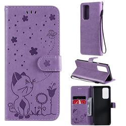 Embossing Bee and Cat Leather Wallet Case for OnePlus 9 Pro - Purple