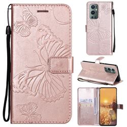 Embossing 3D Butterfly Leather Wallet Case for OnePlus 9 Pro - Rose Gold