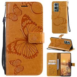Embossing 3D Butterfly Leather Wallet Case for OnePlus 9 Pro - Yellow