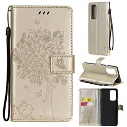 Embossing Butterfly Tree Leather Wallet Case for OnePlus 9 Pro - Champagne