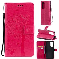 Embossing Butterfly Tree Leather Wallet Case for OnePlus 9 Pro - Rose