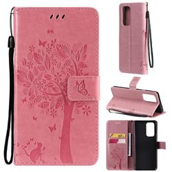 Embossing Butterfly Tree Leather Wallet Case for OnePlus 9 Pro - Pink