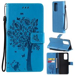 Embossing Butterfly Tree Leather Wallet Case for OnePlus 9 Pro - Blue