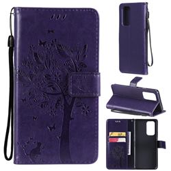 Embossing Butterfly Tree Leather Wallet Case for OnePlus 9 Pro - Purple