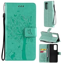 Embossing Butterfly Tree Leather Wallet Case for OnePlus 9 Pro - Cyan