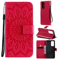 Embossing Sunflower Leather Wallet Case for OnePlus 9 Pro - Red