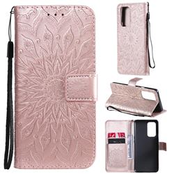 Embossing Sunflower Leather Wallet Case for OnePlus 9 Pro - Rose Gold