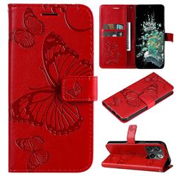 Embossing 3D Butterfly Leather Wallet Case for OnePlus Ace Pro - Red